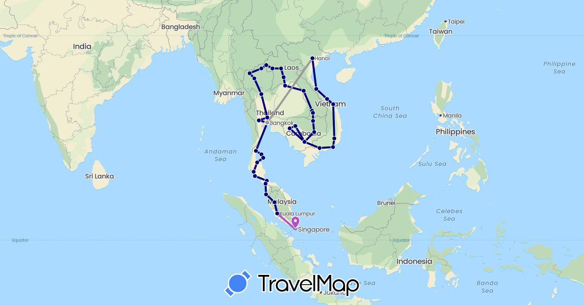 TravelMap itinerary: driving, plane, train in Cambodia, Laos, Malaysia, Singapore, Thailand, Vietnam (Asia)
